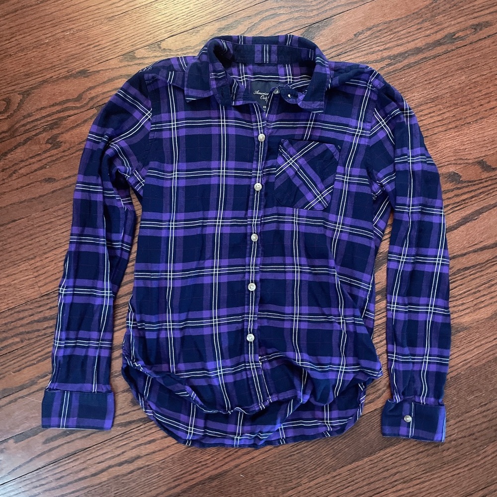 Purple and Black Plaid Flannel Button Down Long Sleeve Shirt